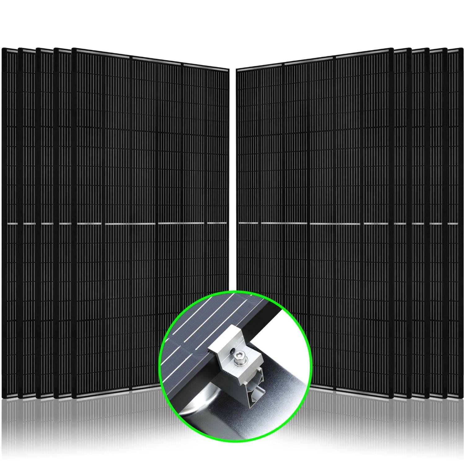 Twelve black Nature's Generator Monocrystalline Solar Panels are arranged in two angled rows, with a circular inset at the bottom center displaying a close-up of a Mount Rack attached to the edge of one panel.