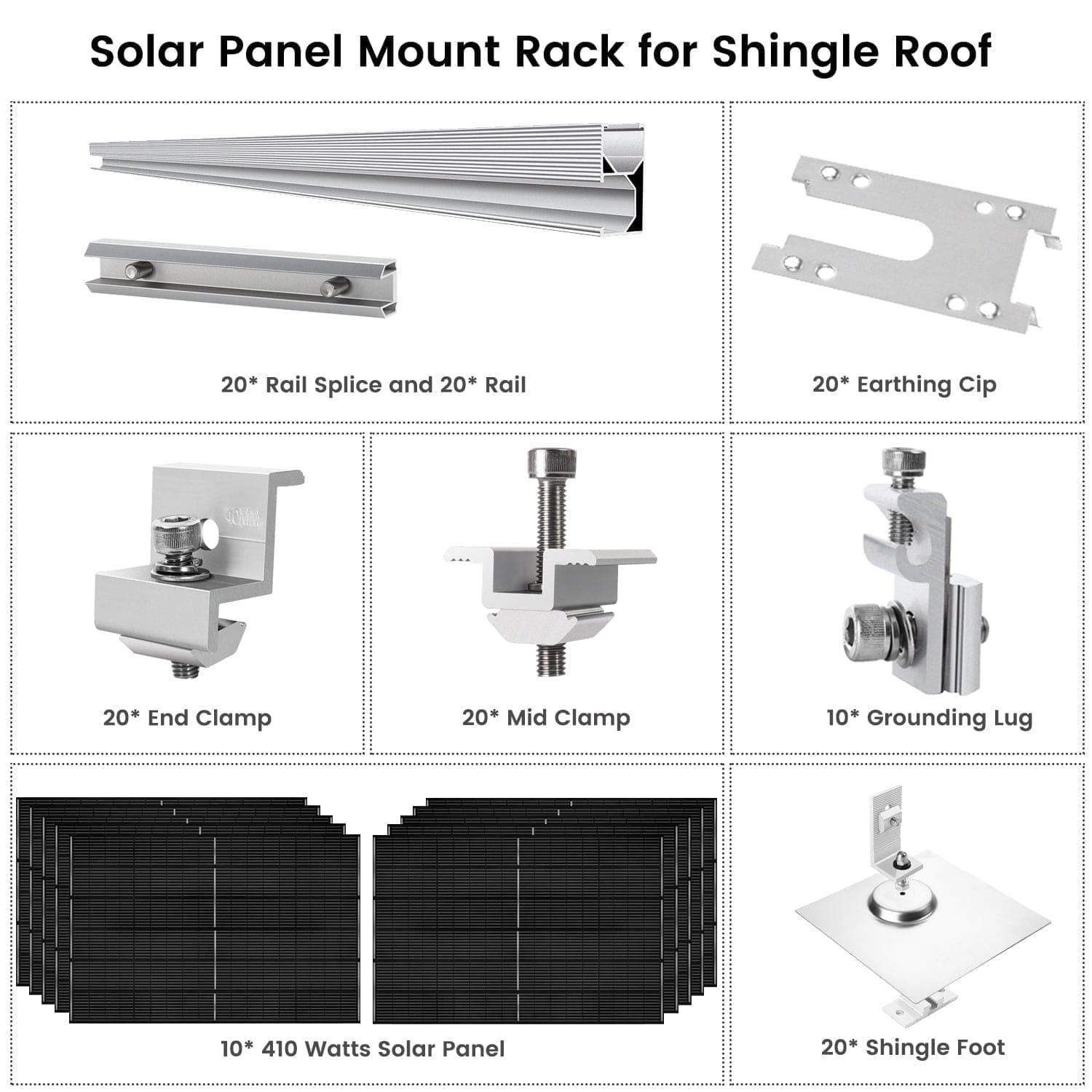 A diagram shows Nature's Generator Solar Panel Mount Rack components for a shingle roof, with labeled images of rails, clamps, grounding lug, earthing clip, 410W Monocrystalline Solar Panel, and shingle foot.
