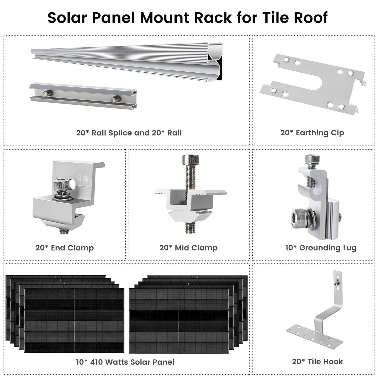 A labeled diagram displays components of a Nature's Generator Solar Panel Mount Rack for tile roofs, including rails, clamps, earthing clip, grounding lug, 410W solar panels, and tile hook—all arranged in an easy-to-follow grid.
