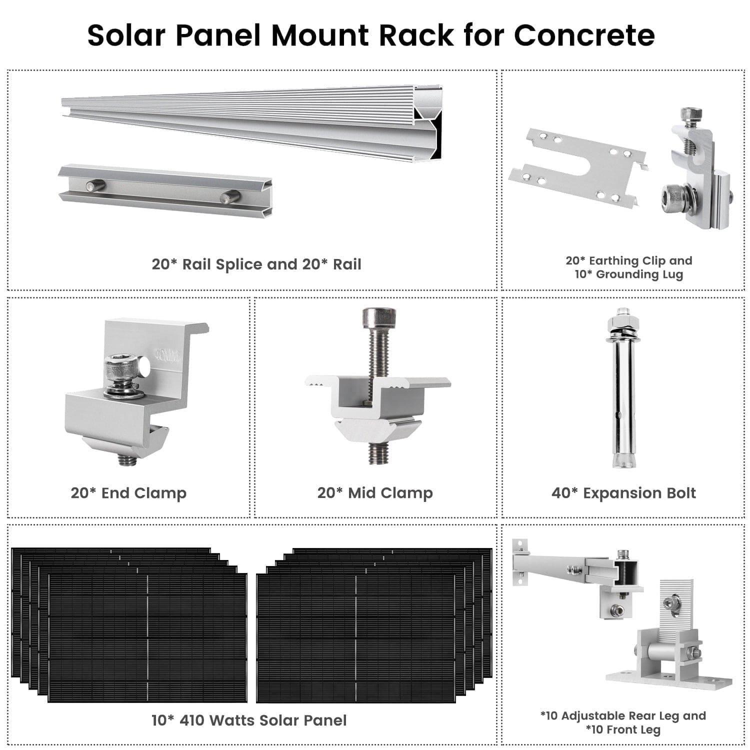 A diagram shows labeled components of the Nature's Generator Solar Panel Mount Rack for concrete: rails, clamps, bolts, grounding accessories, adjustable legs, and a 410 Watt Monocrystalline Solar Panel with specifications.