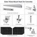 A diagram shows labeled components of the Nature's Generator Solar Panel Mount Rack for concrete: rails, clamps, bolts, grounding accessories, adjustable legs, and a 410 Watt Monocrystalline Solar Panel with specifications.