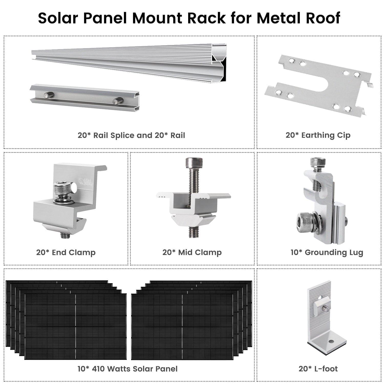 Diagram showing components for a Nature's Generator Solar Panel Mount Rack on a metal roof, including rails, clamps, earthing clip, grounding lug, L-foot, 410 Watt Monocrystalline Solar Panels—all labeled with names and installation angles.