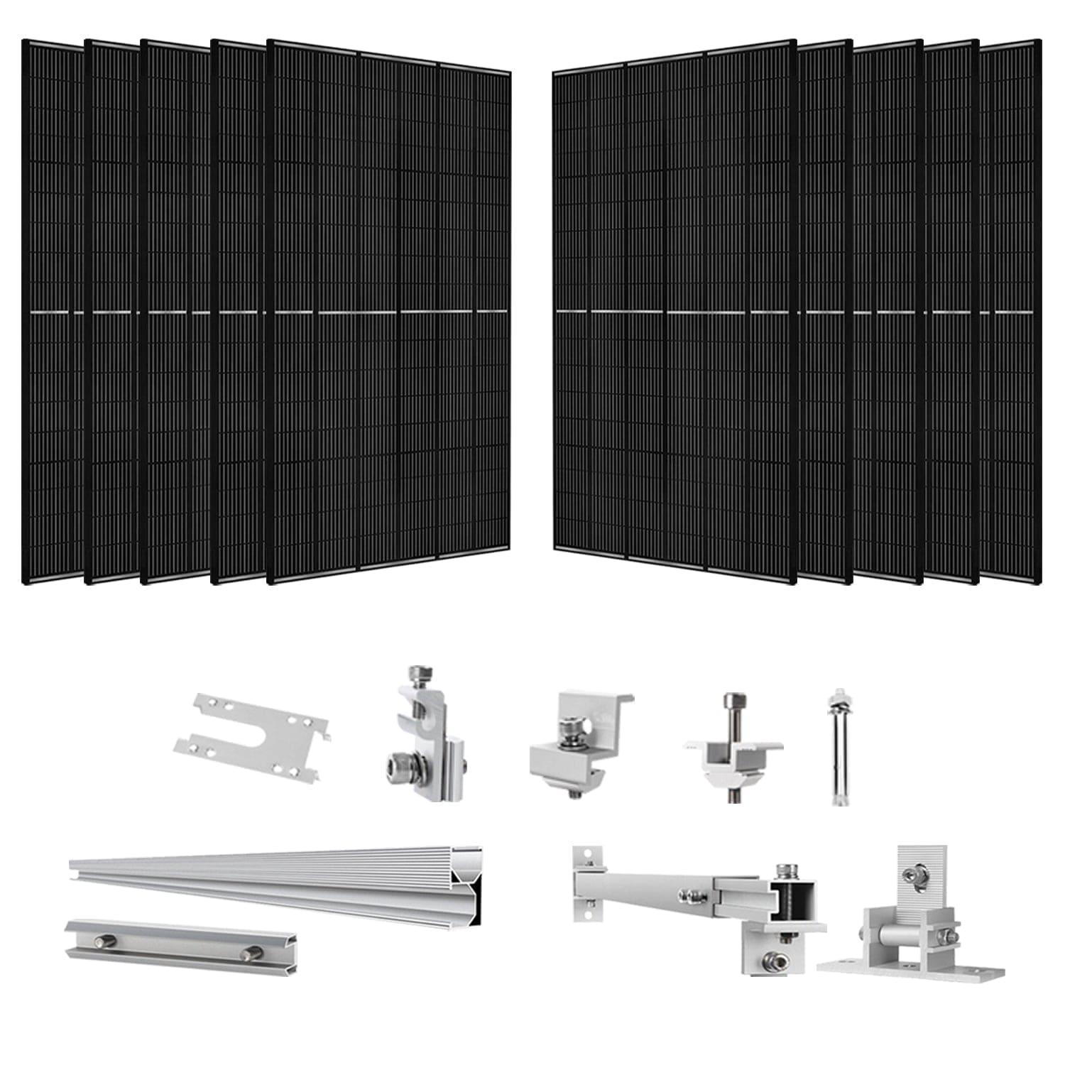 Ten large black monocrystalline solar panels by Nature's Generator are arranged in two rows at the top, with various silver solar panel mount rack components and rails displayed below on a white background.