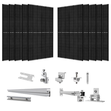 Ten large black monocrystalline solar panels by Nature's Generator are arranged in two rows at the top, with various silver solar panel mount rack components and rails displayed below on a white background.