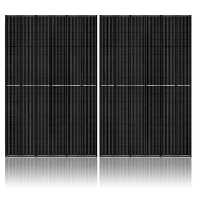 Two large black rectangular monocrystalline solar panels by Nature's Generator, each 410 watts, stand side by side on a white background with their reflections visible below.