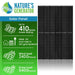 An infographic for Nature's Generator shows its Monocrystalline Solar Panel: black color, up to 410W power, Mono PERC Technology, supports grid-tied or off-grid use, wind load 2400 Pa, and snow load 5400 Pa.