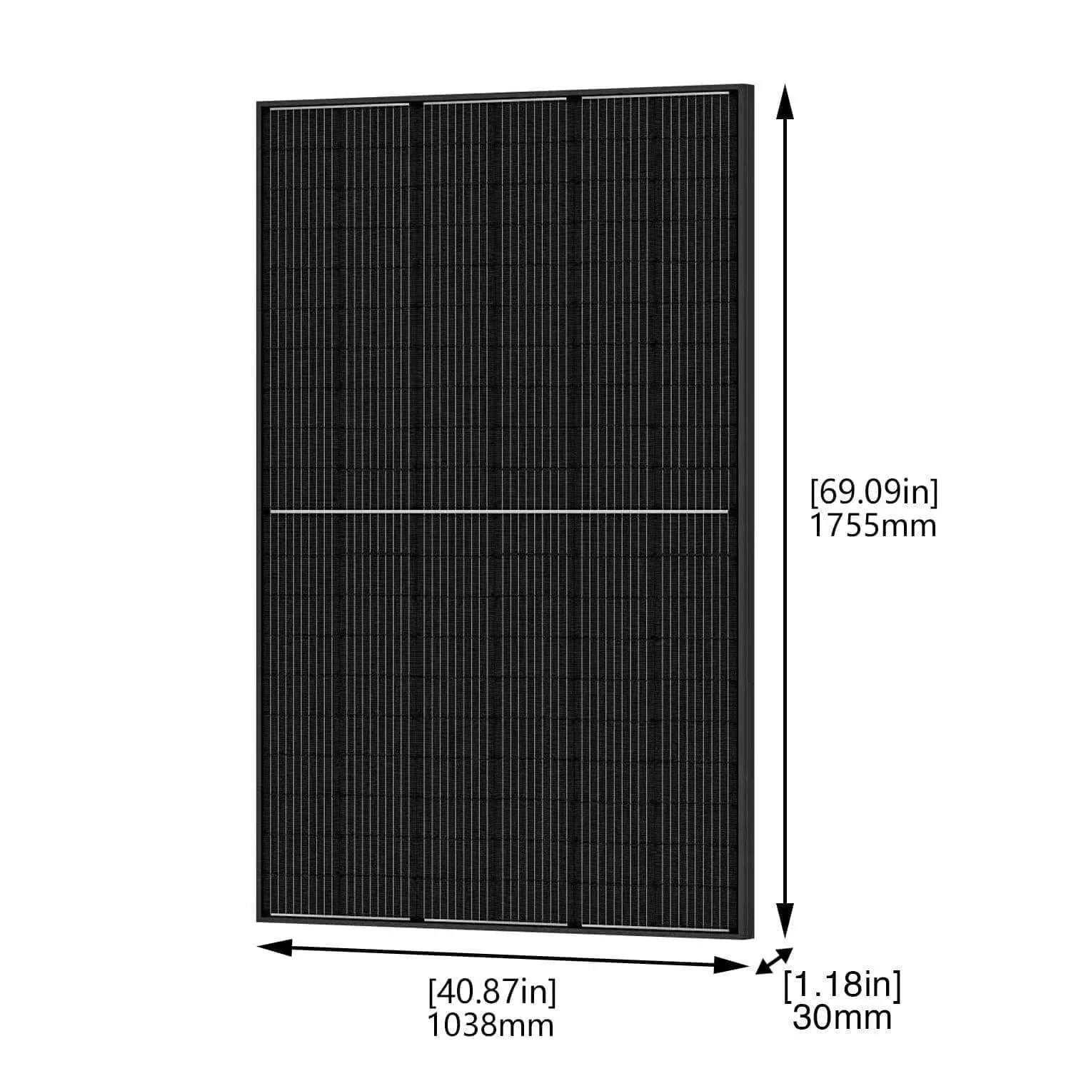 The Nature's Generator rectangular black solar panel with grid lines is perfect for home battery backup. It measures 69.09" (1755 mm) tall, 40.87" (1038 mm) wide, and 1.18" (30 mm) thick.