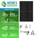Graphic showing a Nature's Generator Monocrystalline 410 Watt Solar Panel with mounting hardware and Solar Panel Mount Rack; key features: grid-tied/off-grid use, wind load 2400 Pa, snow load 5400 Pa.