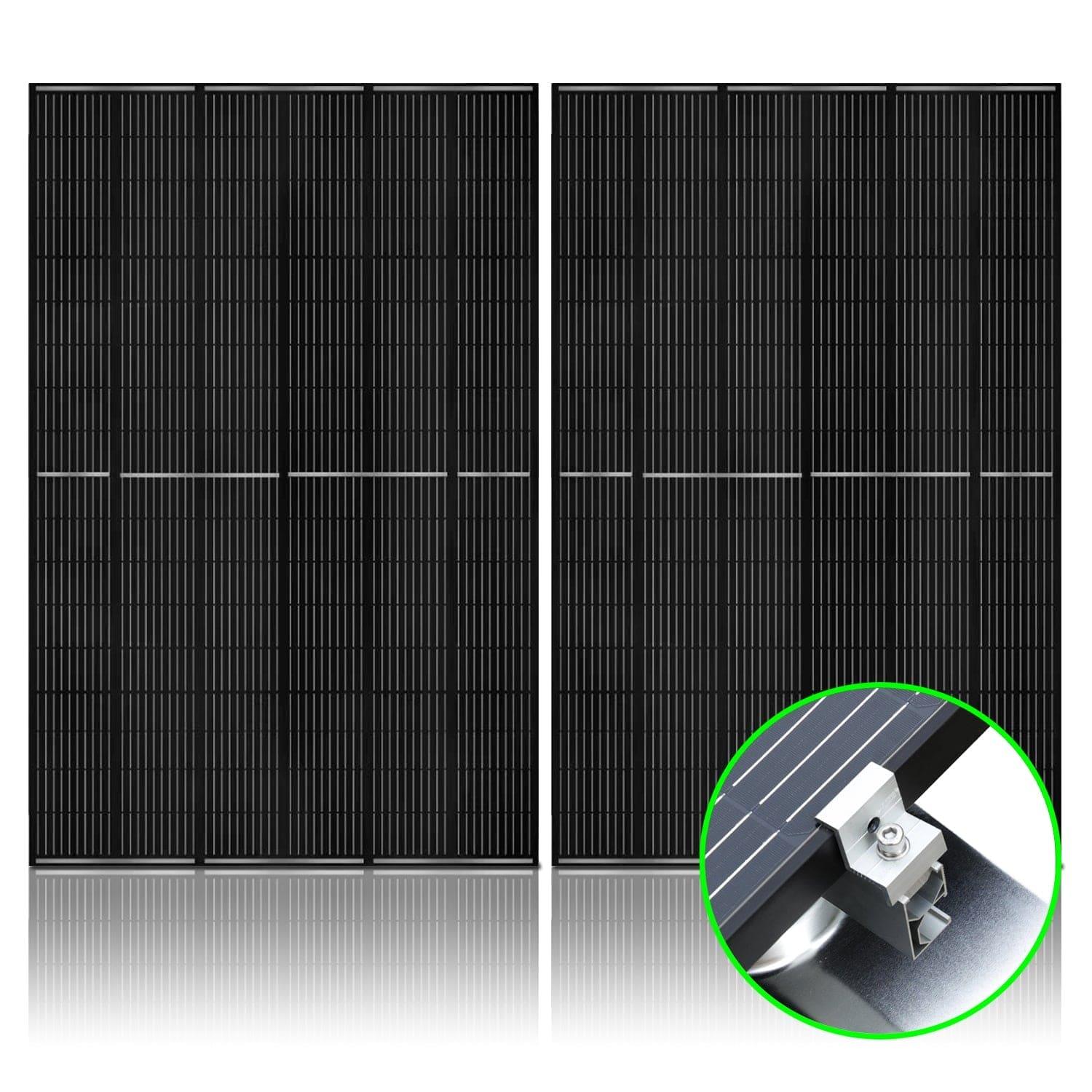 Two black 410 Watt monocrystalline solar panels by Nature's Generator are displayed side by side on a white background. In the lower right, a green-bordered inset shows a close-up of a metal mount rack clamp attached to the panel frame.