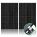 Two black 410 Watt monocrystalline solar panels by Nature's Generator are displayed side by side on a white background. In the lower right, a green-bordered inset shows a close-up of a metal mount rack clamp attached to the panel frame.