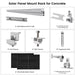 A diagram displays components of Nature's Generator Solar Panel Mount Rack for concrete, including rail splice, 410W solar panel, earthing clip, grounding lug, end clamp, mid clamp, expansion bolt, and adjustable rear and front legs.