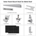 A diagram displays Nature's Generator Solar Panel Mount Rack components for installing a 410 Watt panel on metal roofs, with clearly labeled rails, splice, earthing clip, end and mid clamps, grounding lug, and L-foot.