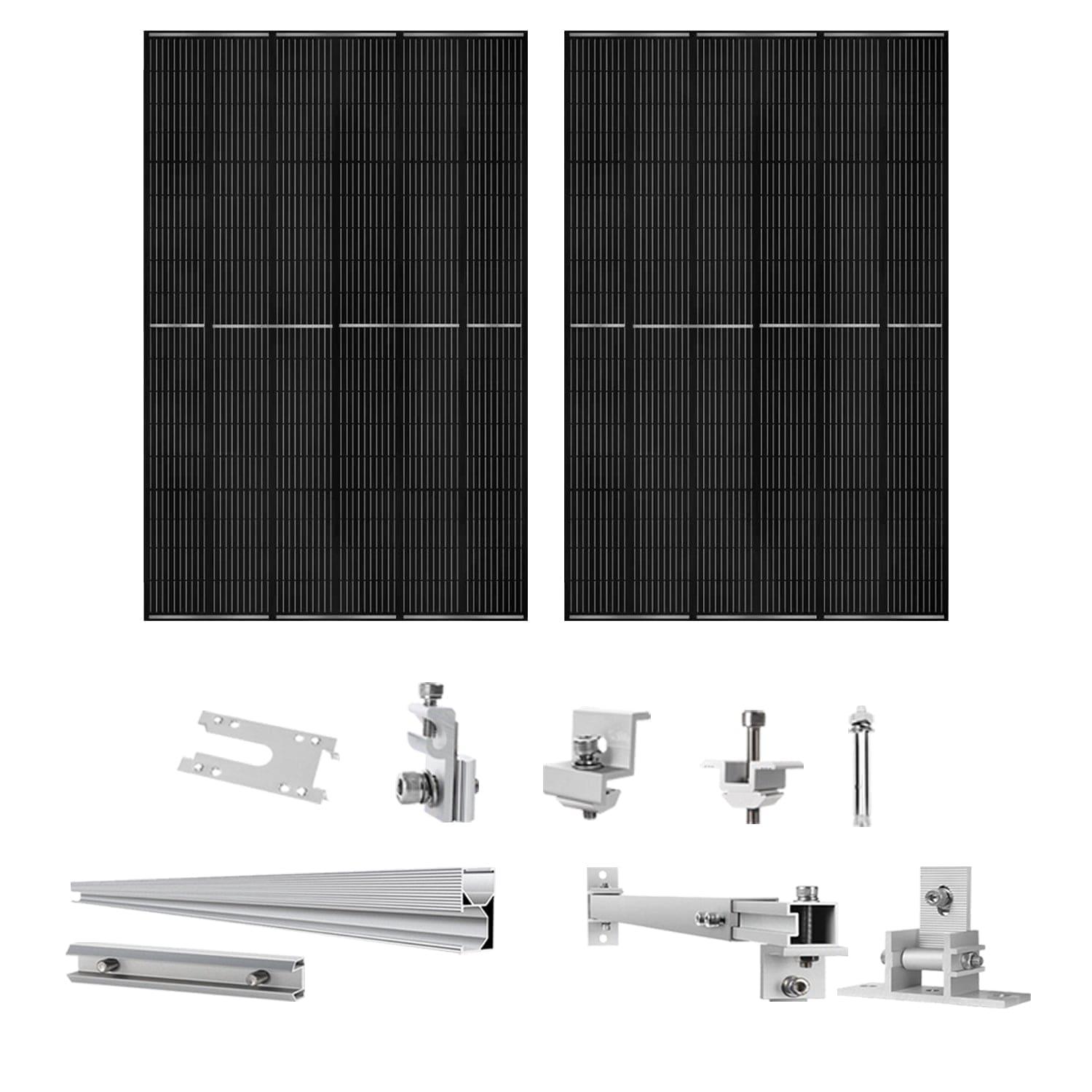 Two black 410-watt Nature's Generator monocrystalline solar panels are shown at the top, with silver Solar Panel Mount Rack hardware and brackets arranged in two rows below on a white background.