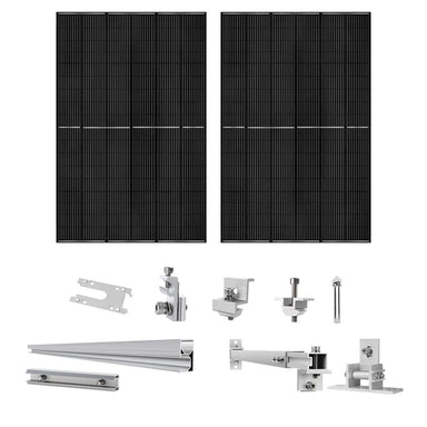 Two black 410-watt Nature's Generator monocrystalline solar panels are shown at the top, with silver Solar Panel Mount Rack hardware and brackets arranged in two rows below on a white background.