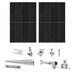 Two black 410-watt Nature's Generator monocrystalline solar panels are shown at the top, with silver Solar Panel Mount Rack hardware and brackets arranged in two rows below on a white background.