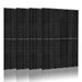 Four black 410-watt monocrystalline solar panels by Nature's Generator, featuring Mono PERC Technology, stand upright in a row against a white background with their surfaces subtly reflecting below.