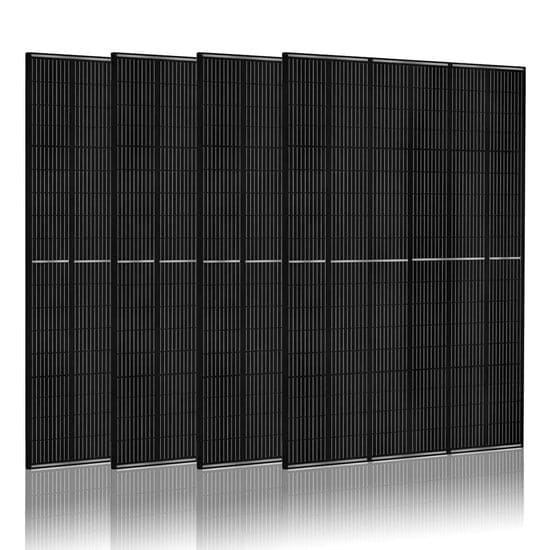 Four black rectangular Nature's Generator solar panels stand upright in a row against a white background, their slight reflection below. Ideal to pair with a 10kWh LiFePO4 battery for reliable home backup and efficient solar energy storage.