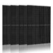 Four black rectangular Nature's Generator solar panels stand upright in a row against a white background, their slight reflection below. Ideal to pair with a 10kWh LiFePO4 battery for reliable home backup and efficient solar energy storage.
