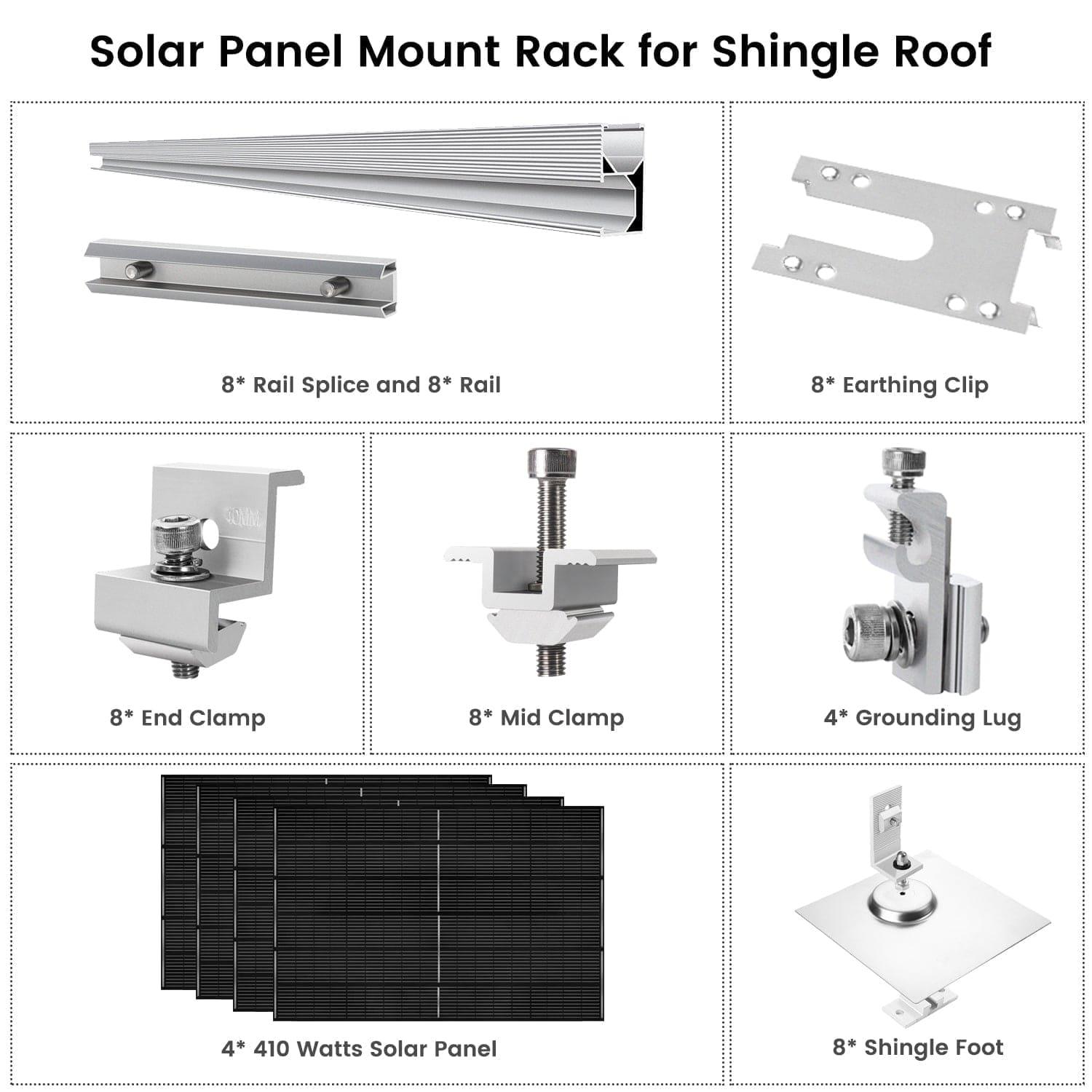 A labeled diagram displays components of a Nature's Generator solar panel mount rack kit for shingle roofs—rails, clamps, clips, 410W solar panel, grounding lug, shingle foot—with photos and quantities for each.