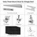 A labeled diagram displays components of a Nature's Generator solar panel mount rack kit for shingle roofs—rails, clamps, clips, 410W solar panel, grounding lug, shingle foot—with photos and quantities for each.