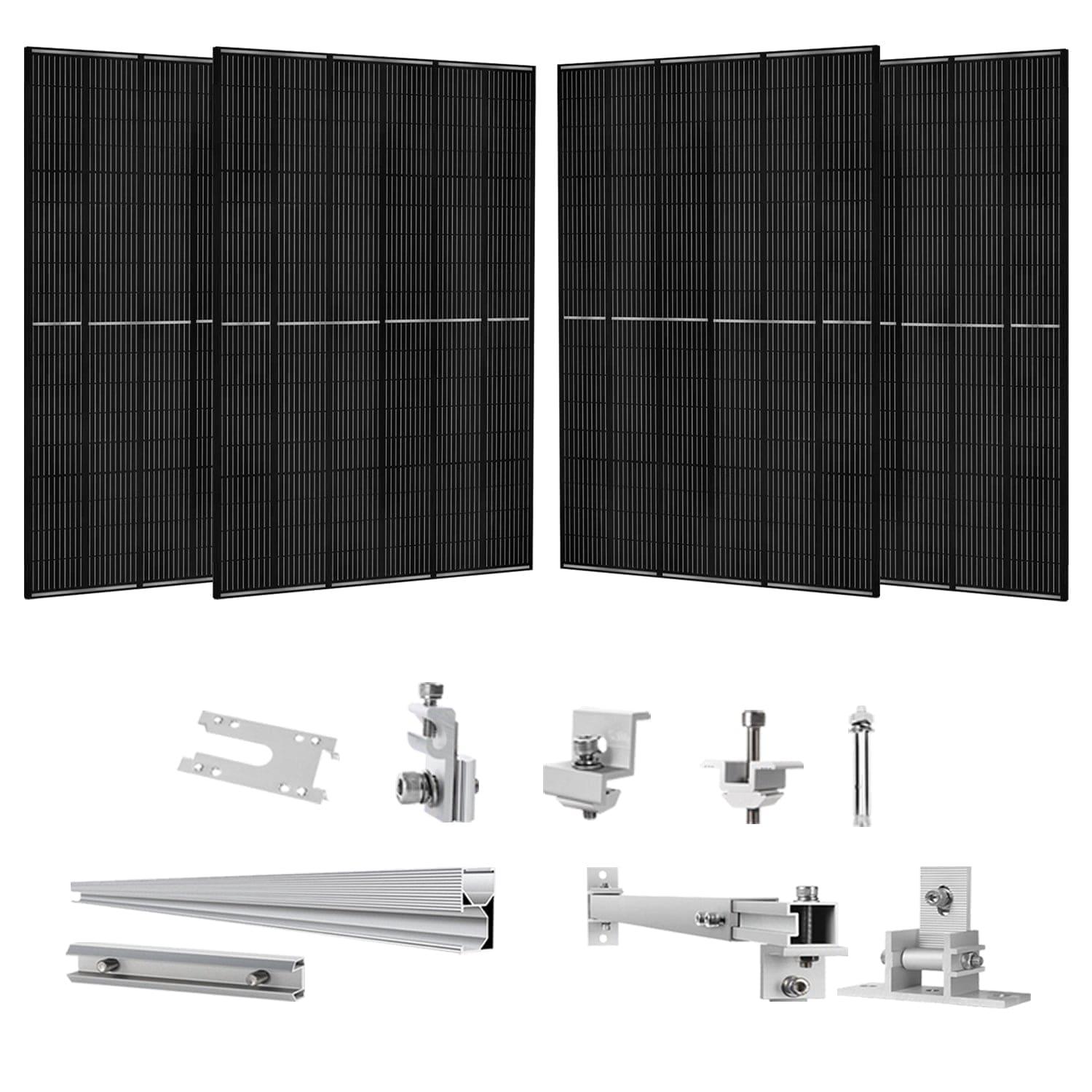 At the top of the image, four black Nature's Generator monocrystalline solar panels are displayed. Below them are various metal solar panel mount rack components, brackets, and rails for installation.