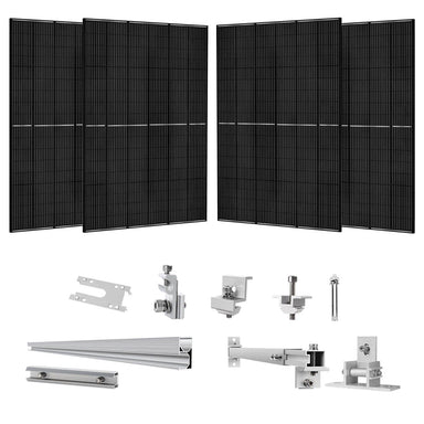 At the top of the image, four black Nature's Generator monocrystalline solar panels are displayed. Below them are various metal solar panel mount rack components, brackets, and rails for installation.