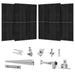 At the top of the image, four black Nature's Generator monocrystalline solar panels are displayed. Below them are various metal solar panel mount rack components, brackets, and rails for installation.