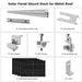 Diagram displaying Nature's Generator solar panel mount rack components for a metal roof—rails, splice, earthing clip, end clamp, mid clamp, grounding lug, 410W monocrystalline solar panel, and L-foot—all labeled by size and quantity.