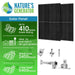 Infographic showing two black Nature's Generator monocrystalline solar panels (up to 410W), perfect for grid-tied/off-grid use. Features 2400Pa wind, 5400Pa snow load, plus images of solar panel mount racks.