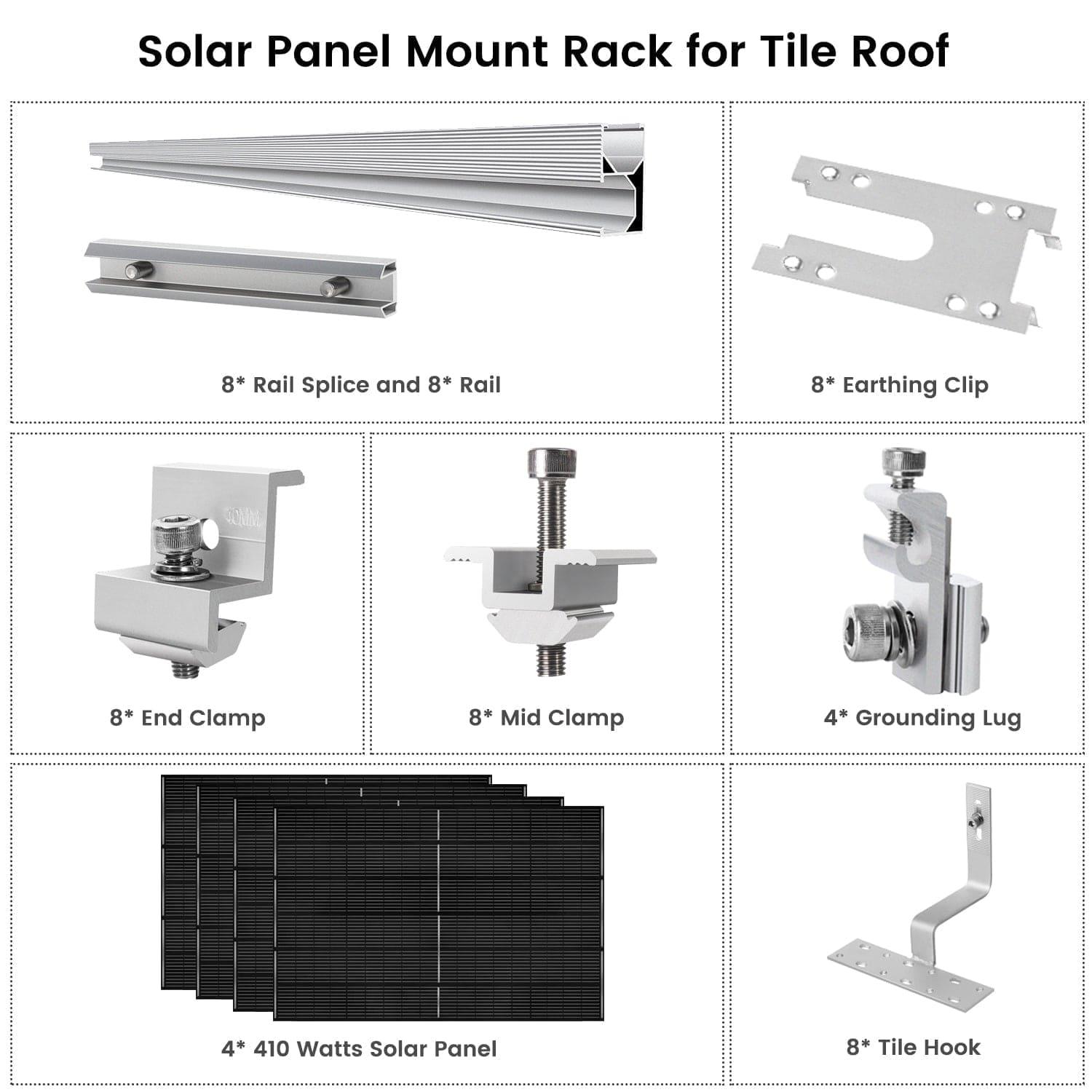 A diagram of Nature's Generator Solar Panel Mount Rack for tile roofs, showing rails, splice, earthing clip, end clamp, mid clamp, grounding lug, 4×410W monocrystalline solar panels, and tile hook—each labeled with quantities.