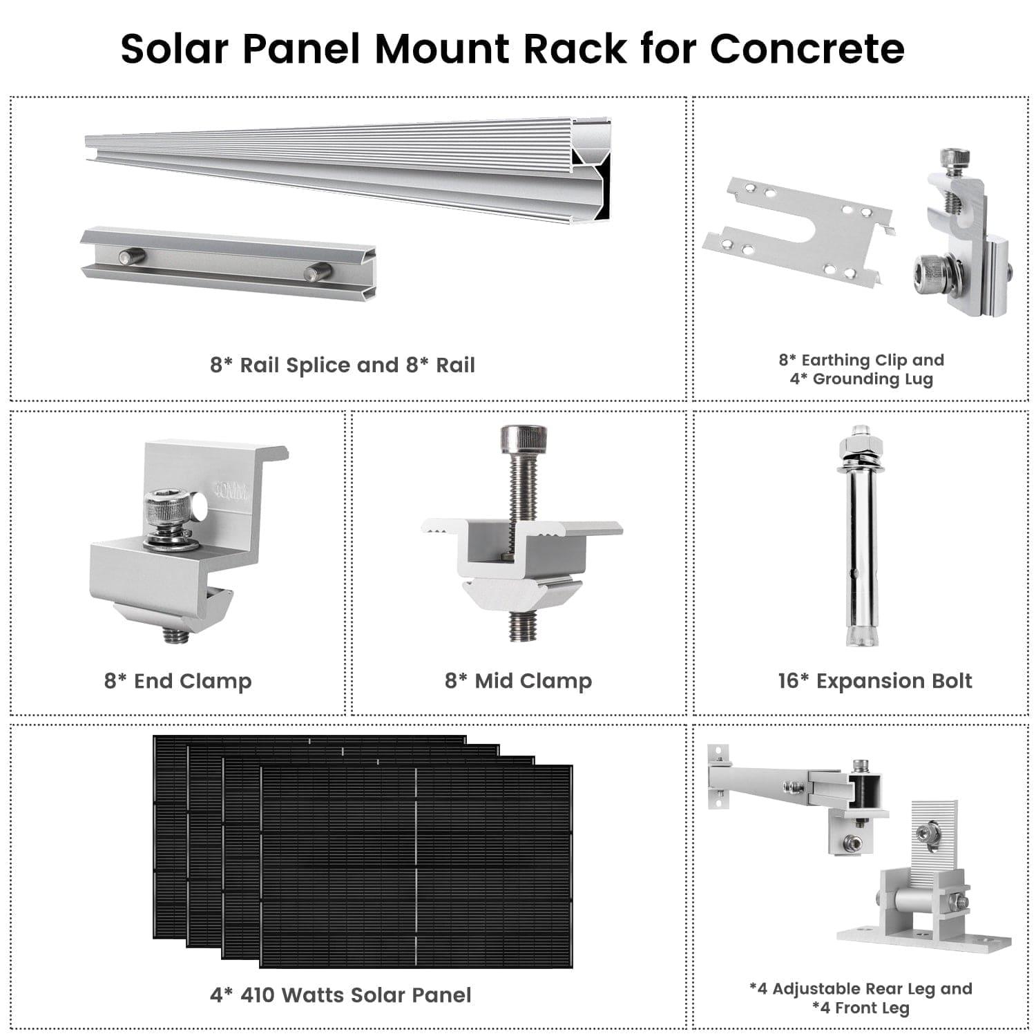 Diagram displaying Nature's Generator solar panel mount rack components for concrete: rails, splices, clamps, bolts, grounding hardware, 410W solar panel modules, adjustable legs—all clearly labeled by size or quantity.