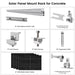 Diagram displaying Nature's Generator solar panel mount rack components for concrete: rails, splices, clamps, bolts, grounding hardware, 410W solar panel modules, adjustable legs—all clearly labeled by size or quantity.