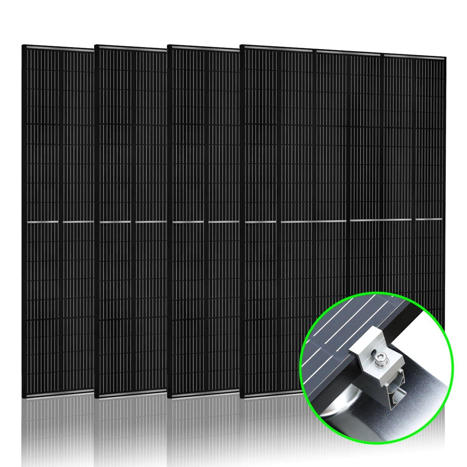 Four upright 410W black monocrystalline solar panels from Nature's Generator are arranged in a row. A circular inset at the lower right zooms in on a sturdy mount rack attached to one of the panels.