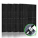 Four upright 410W black monocrystalline solar panels from Nature's Generator are arranged in a row. A circular inset at the lower right zooms in on a sturdy mount rack attached to one of the panels.