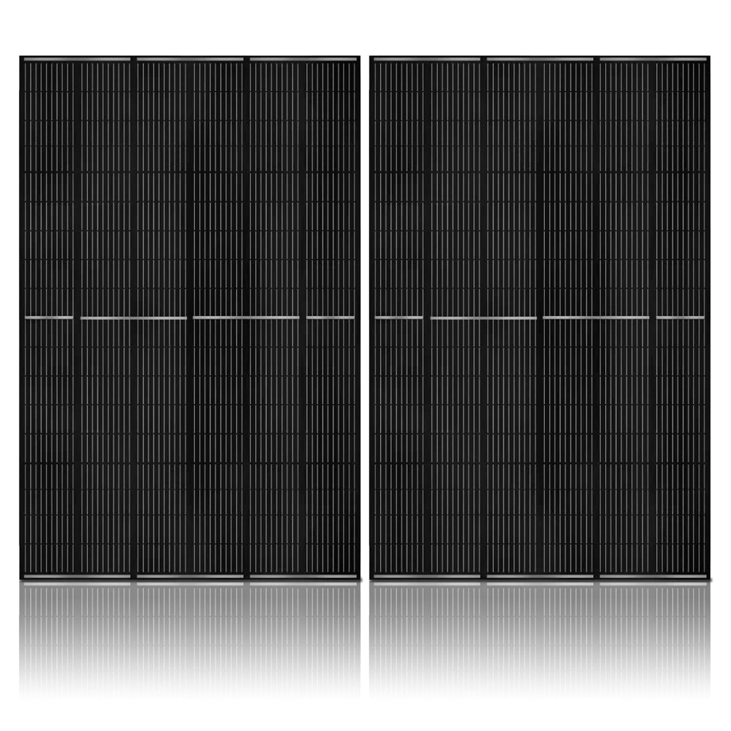 Two large, rectangular black Nature's Generator solar panels with a grid pattern are placed side by side on a white background with a slight reflection—perfect for off-grid energy or whole home power setups.