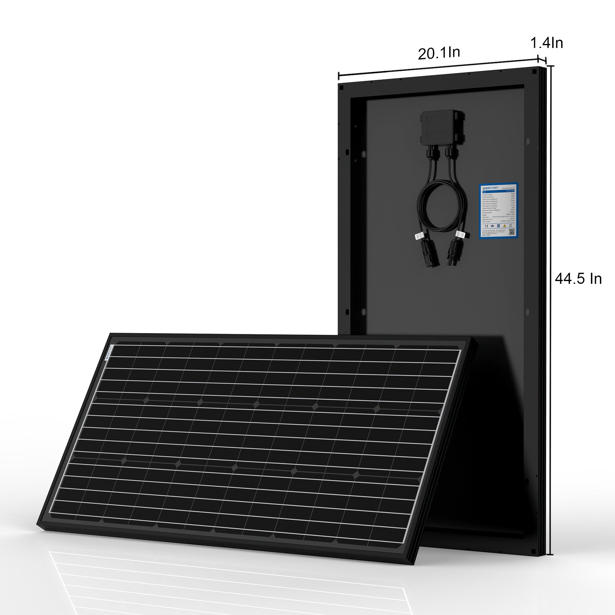 Two ACOPOWER solar panels are shown—one standing upright with visible wiring and specifications on the back, and the other tilted forward to showcase its grid of solar cells. Ideal for an Off-Grid Power setup, these panels measure 20.1 inches by 44.5 inches by 1.4 inches, making them perfect for sustainable energy solutions.