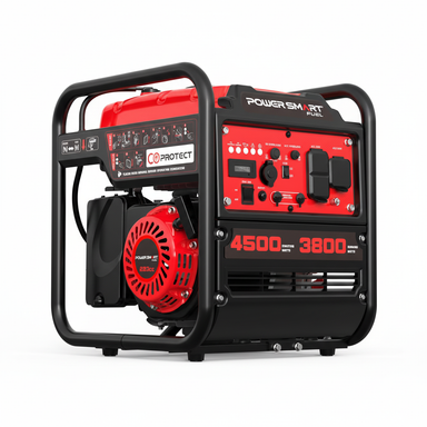 A portable PowerSmart generator with a red and black frame, labeled "4500 starting watts" and "3800 running watts," features multiple control switches, outlets, and a recoil start mechanism.