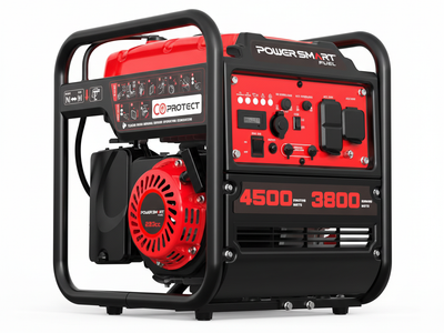 A portable PowerSmart generator with a red and black frame, labeled "4500 starting watts" and "3800 running watts," features multiple control switches, outlets, and a recoil start mechanism.