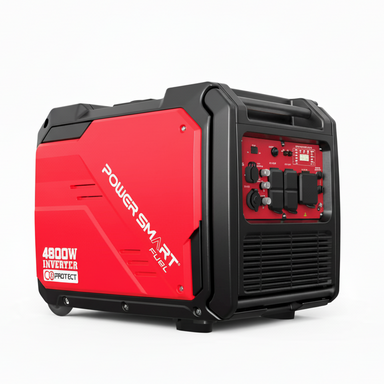 A red and black PowerSmart portable inverter generator with control panel, vents, and handle. Delivers 4800W backup power, features CO Protect technology for safety, and operates quietly.