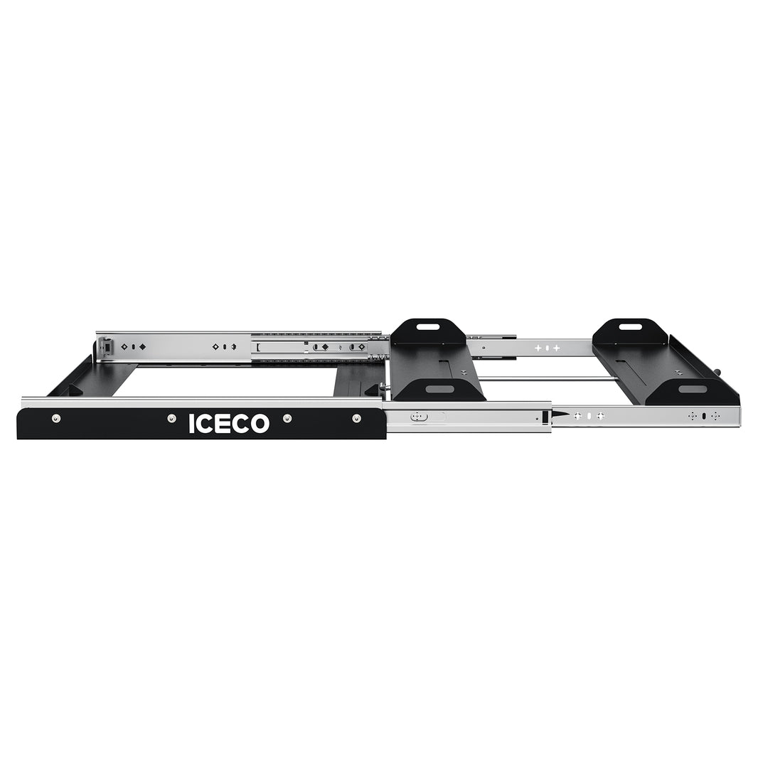 An ICECO Wholesale metal drawer slide features a sturdy, elongated design with a 3-position locking mechanism. It's extendable, has black accents, multiple side pull mounting screw holes, and is suitable for heavy-duty storage. Compatible with ICECO portable fridges.