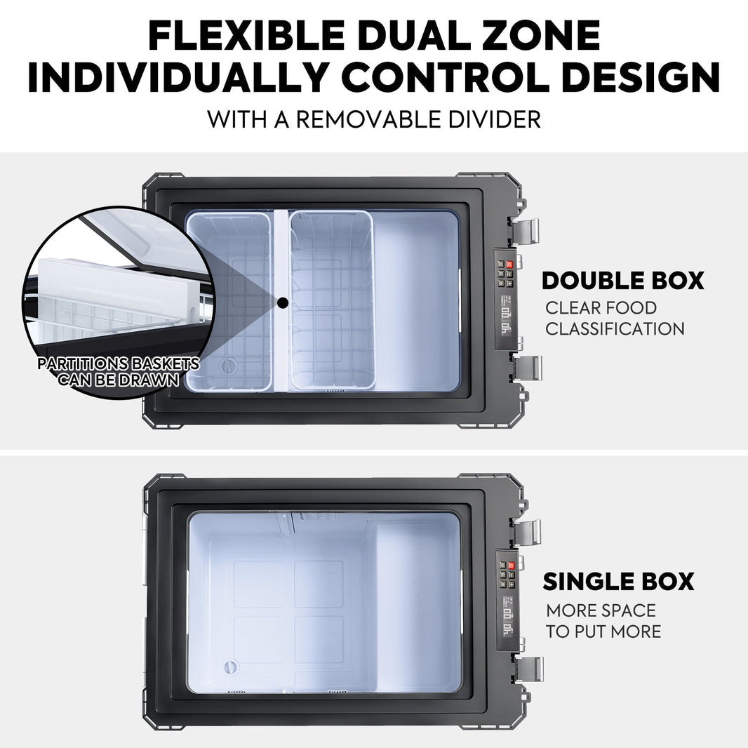 Image showcasing ICECO Wholesale's dual zone cooling box with a removable divider: "Double Box" mode for food classification, resembling a dual-zone freezer; "Single Box" mode for more space. Enhanced flexibility and control via Bluetooth app.