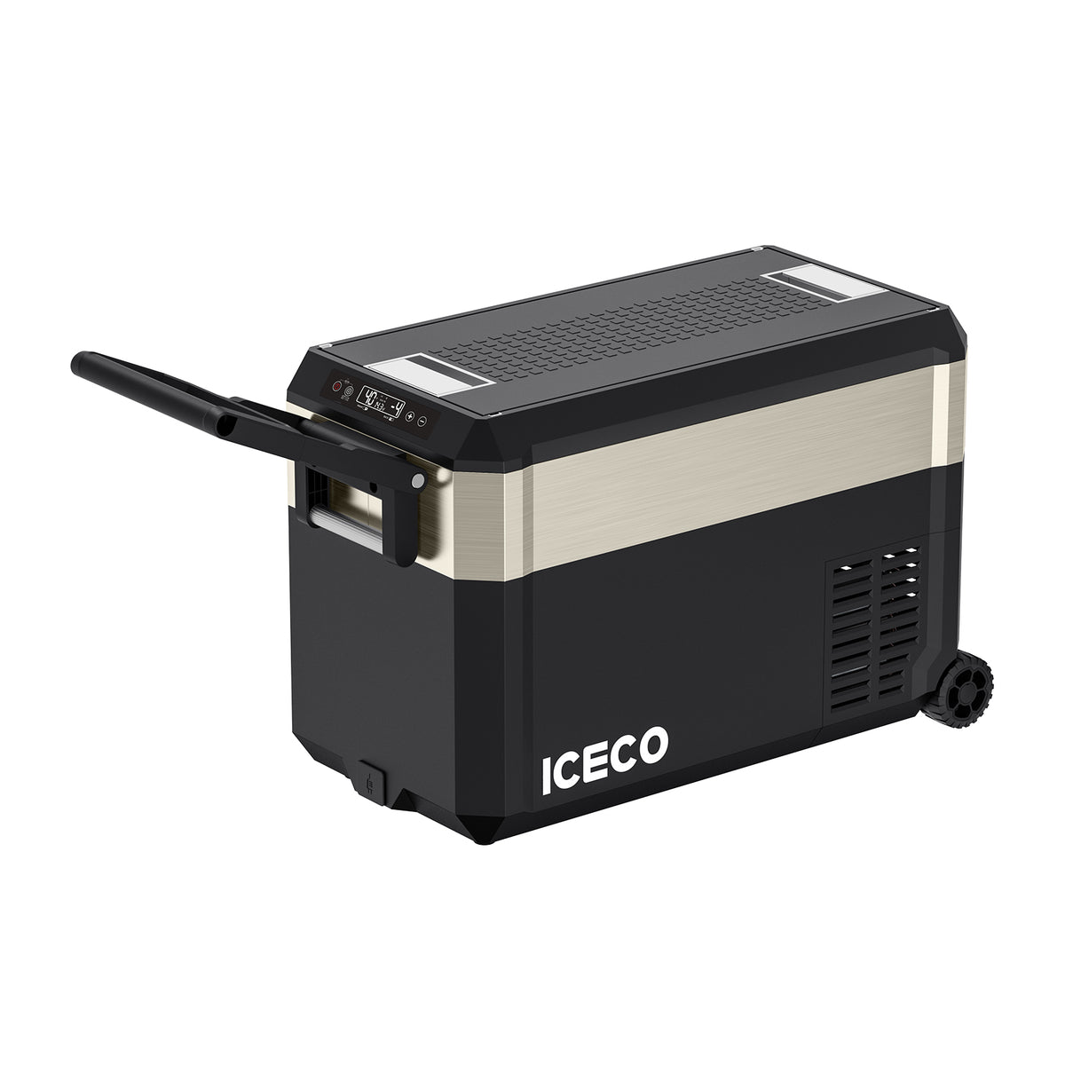 The ICECO Wholesale portable freezer features a sleek black and silver design, equipped with a SECOP compressor for efficient cooling. It includes a digital control panel on top plus handles and wheels for easy transport.