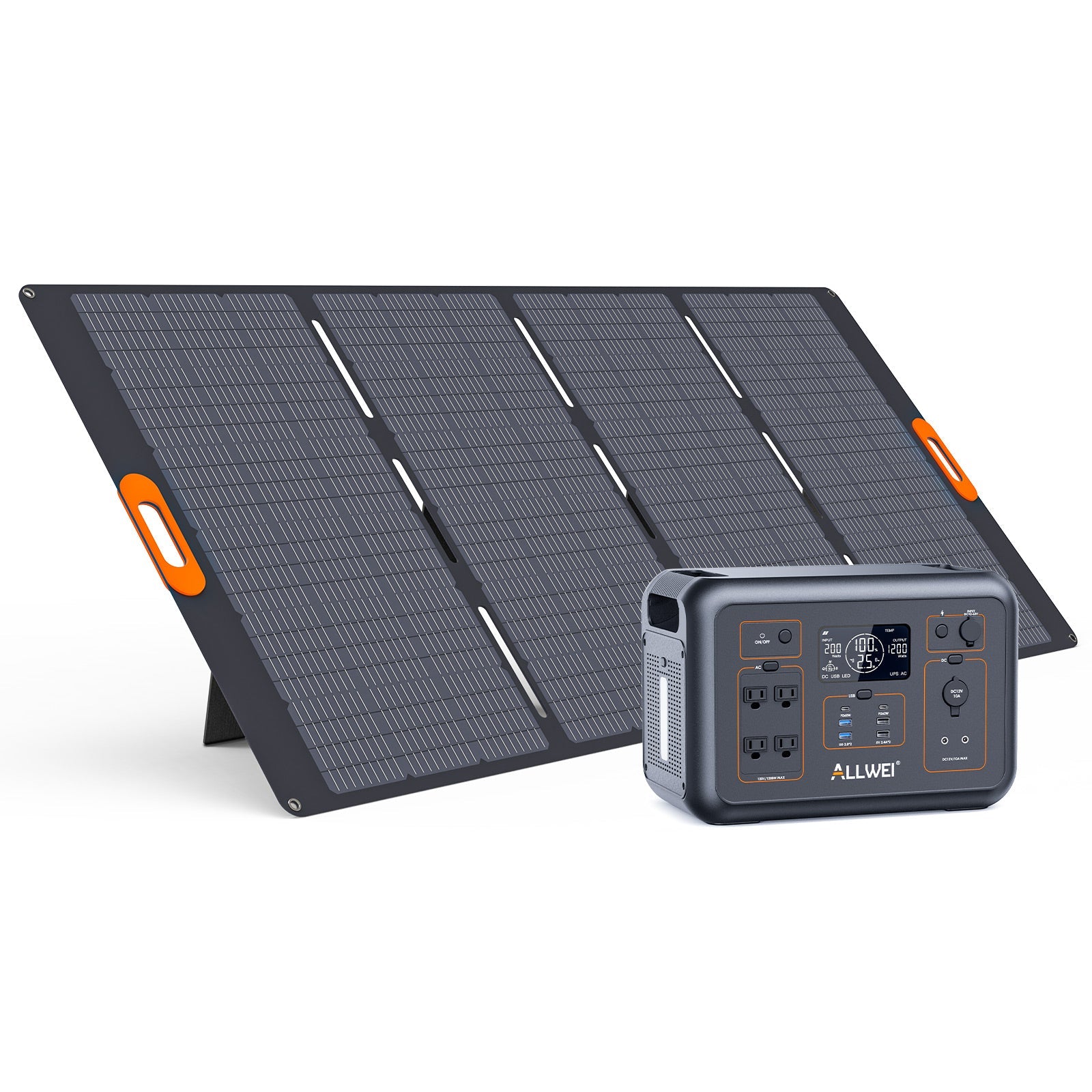 The ALLWEI US portable power station with a 1008Wh LFP battery and multiple outlets stands next to a four-segment solar panel. Both have orange accent handles, and the station’s digital display makes it ideal for on-the-go energy needs.