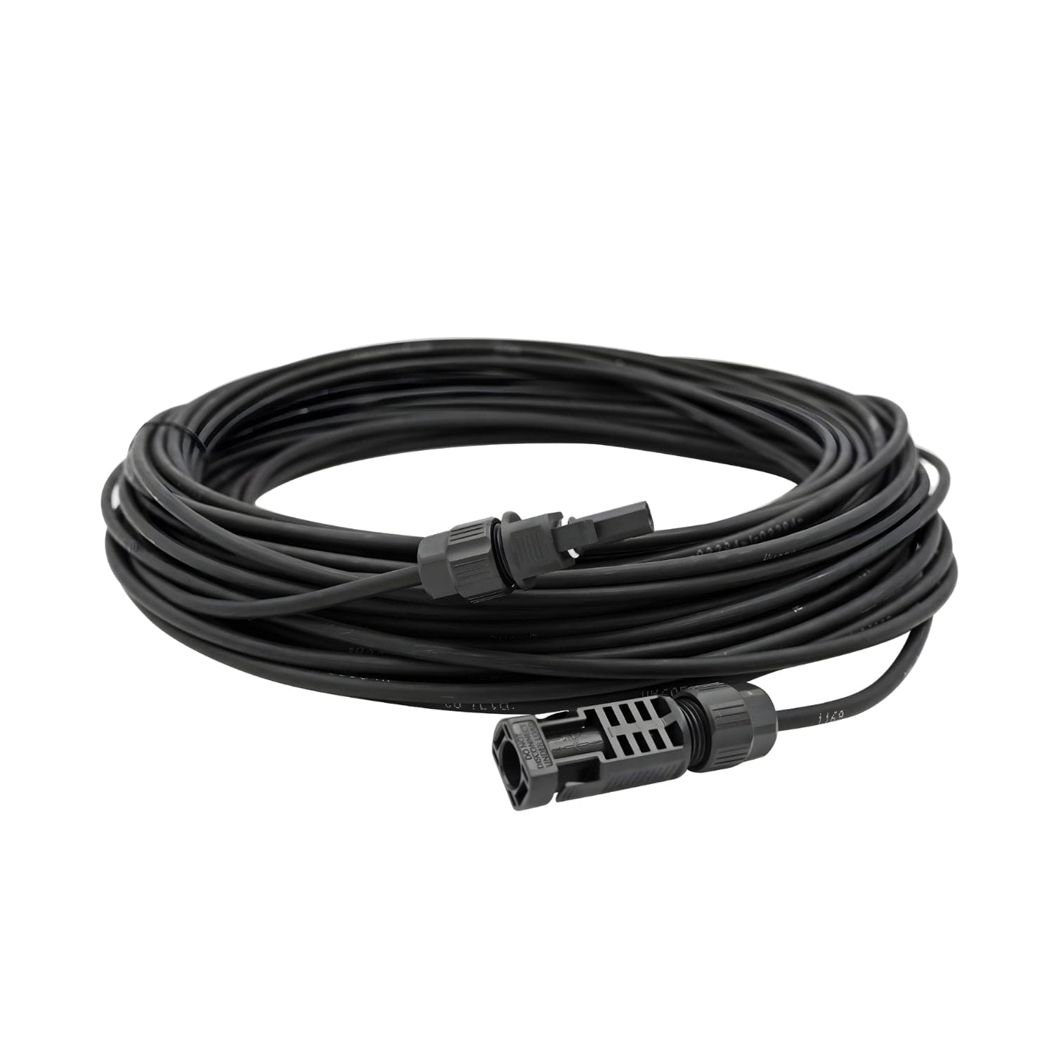 The Nature's Generator coiled black 50-ft solar cable features male and female connectors on each end, ideal for outdoor or industrial use, shown against a white background.