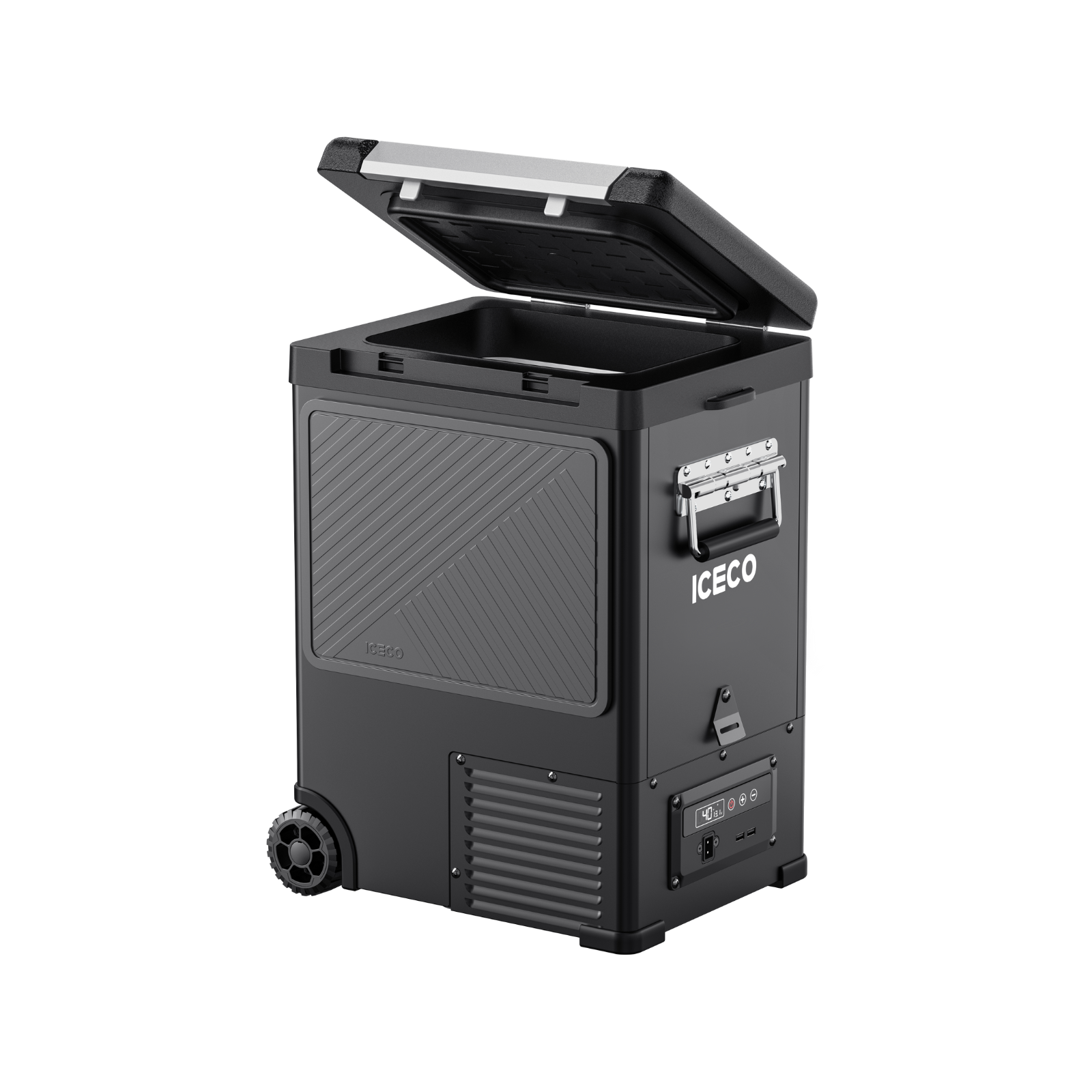 A black ICECO Wholesale portable freezer with an open lid, side handle, wheels, and digital control panel—ideal as a 12-volt truck freezer—displayed on a white background.