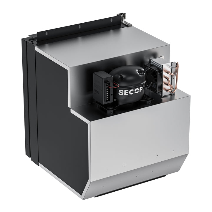 The ICECO Wholesale refrigeration compressor unit, featuring black and silver components, is perfect for truck freezer installations. It has a cylindrical SECOP compressor on top and visible mechanical parts, designed for seamless system or RV integration.