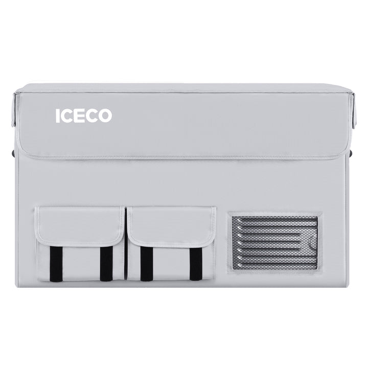 The image shows a gray ICESO insulated cover with two front pockets and a side ventilation panel for optimal thermal protection. The white ICESO logo is on the top left corner, designed to fit your ICECO APL35 Portable Refrigerator. Brand: ICECO Wholesale.