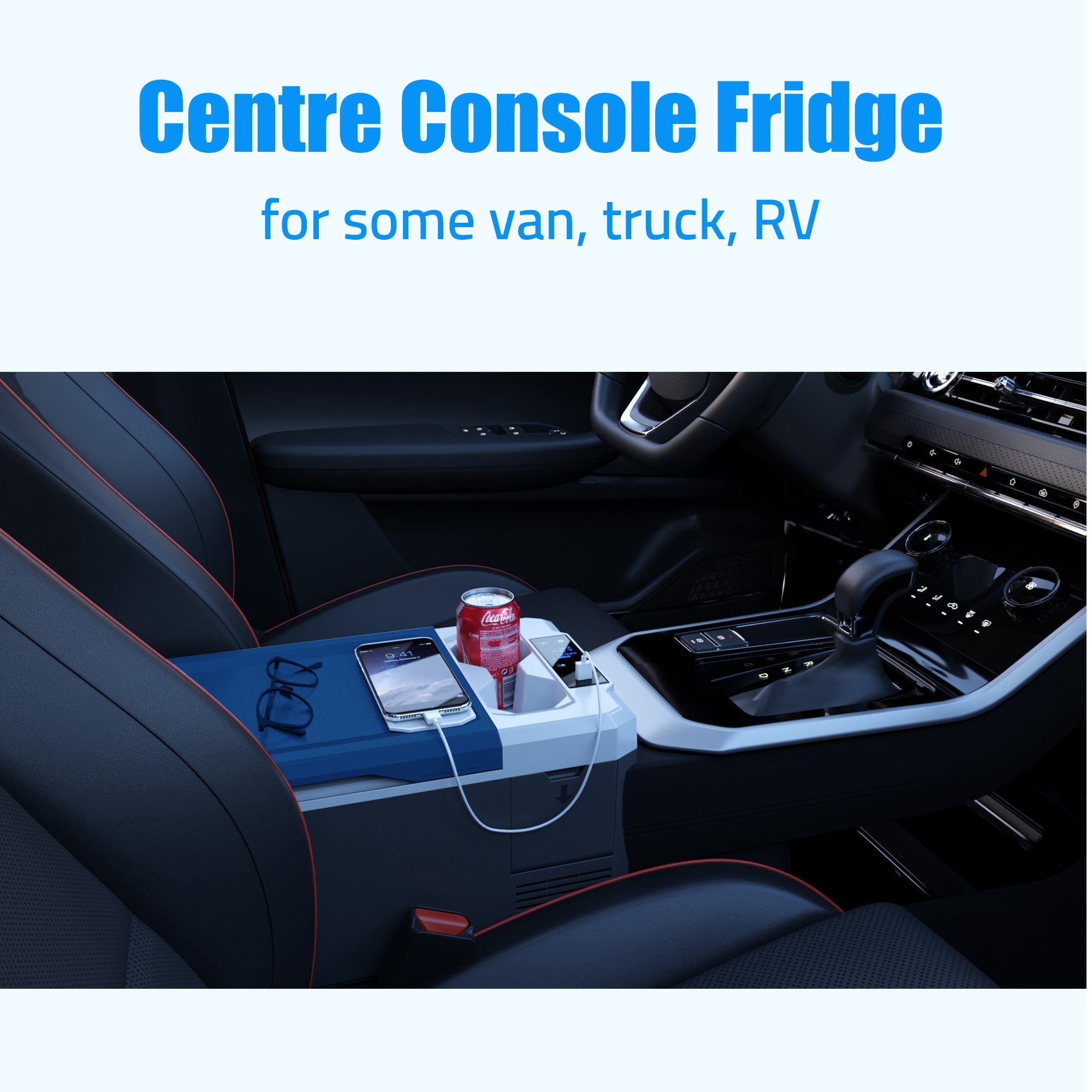 Interior view of a vehicle with an ACOPOWER center console fridge offering smart app control. A can of Coke stays cool alongside two smartphones plugged into charging cables. The text above reads, "Center Console Fridge for van, truck, RV.