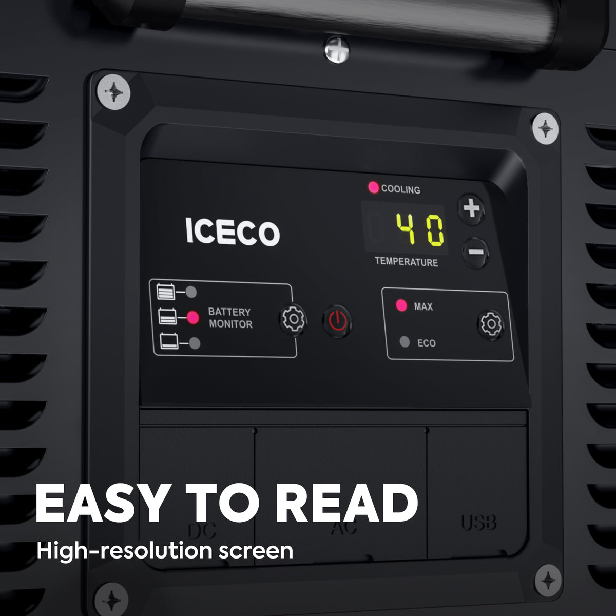 Close-up of an ICECO Wholesale portable fridge freezer control panel featuring a digital display set at 40. It includes a battery monitor, cooling controls, and options for max and eco modes powered by a Secop compressor. The text reads: "EASY TO READ High-resolution screen.