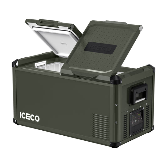 A green ICECO Wholesale 12v refrigerator with an open lid showcasing its interior. The cooler features a Secop compressor and a side-mounted control panel, enhanced by its rugged construction and reinforced corners.